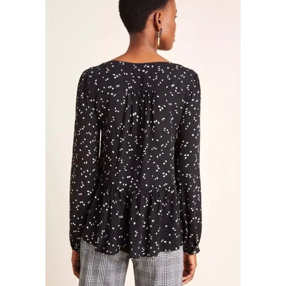 ANTHROPOLOGIE Maeve Black White Square Print Peplum Boho Peasant Top Size L‎ - Picture 4 of 7